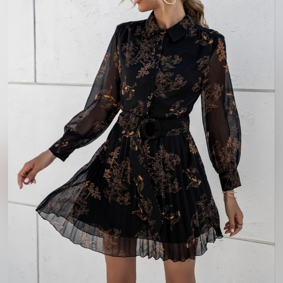 NEW Sheer Floral Print Chiffon Pleated Short Dress Long Sleeve Black - Picture 5 of 7